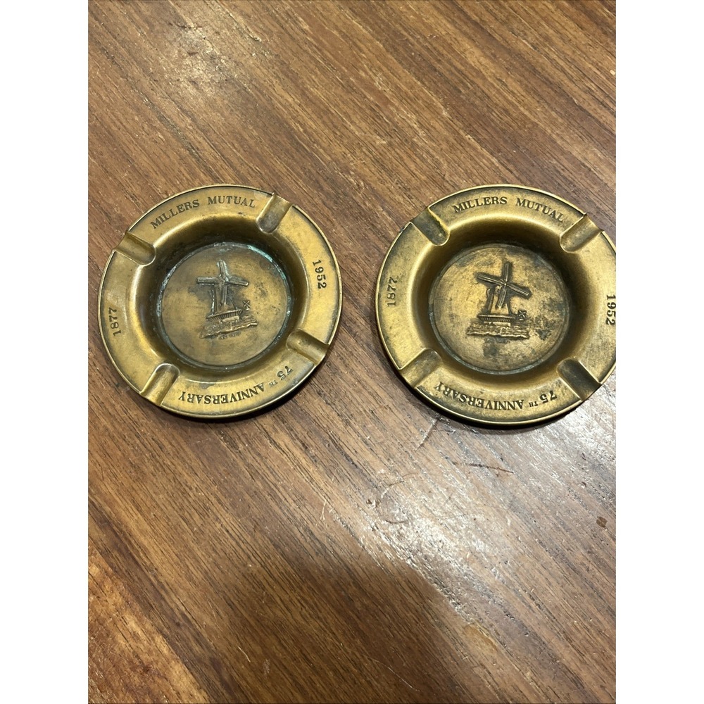 2 1952 Ashtray Millers Mutual of Illinois 75th Anniversary 4" Copper